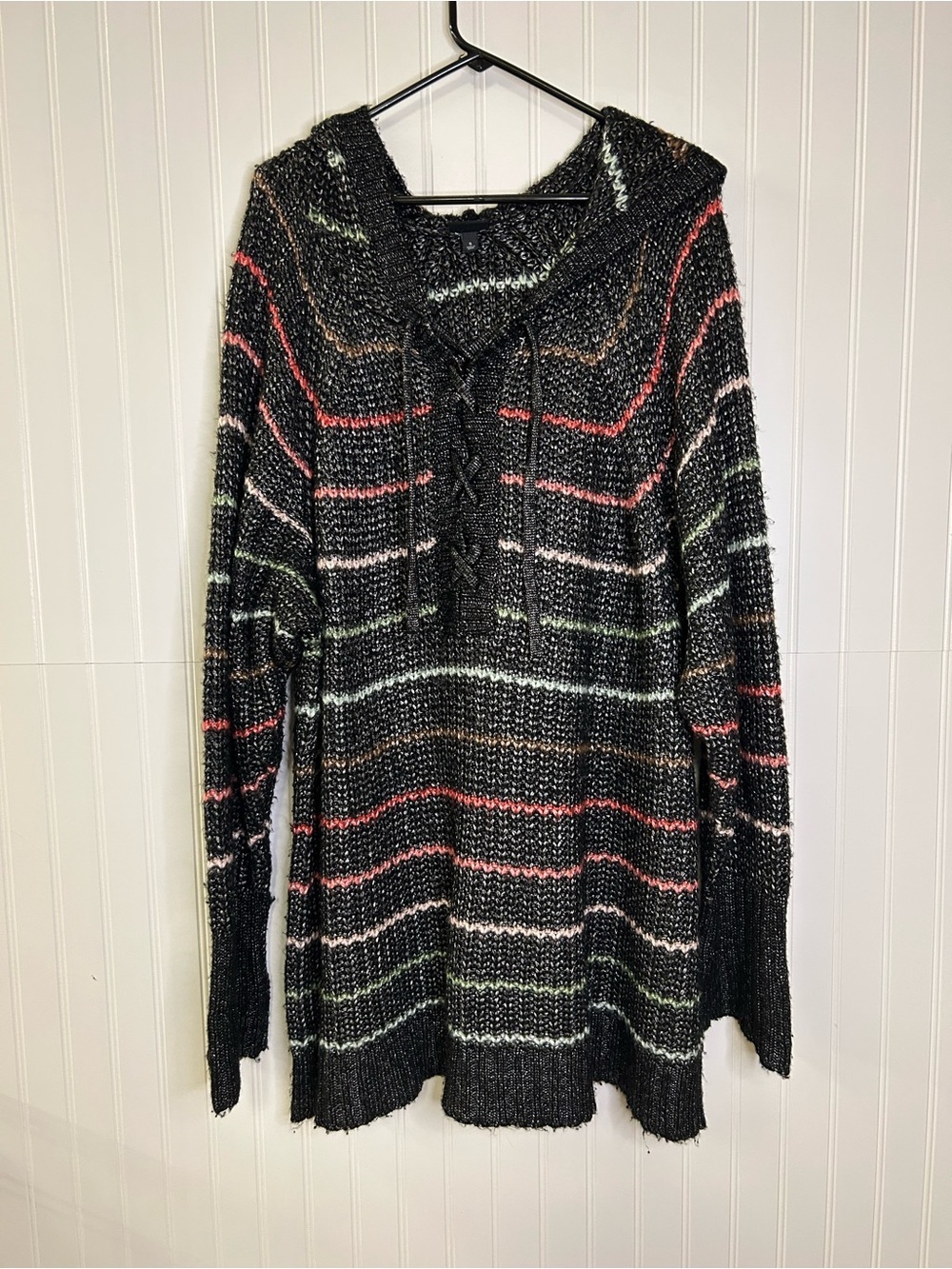 torrid Black Striped Hooded Sweater with Lace-Up Neck Size 5